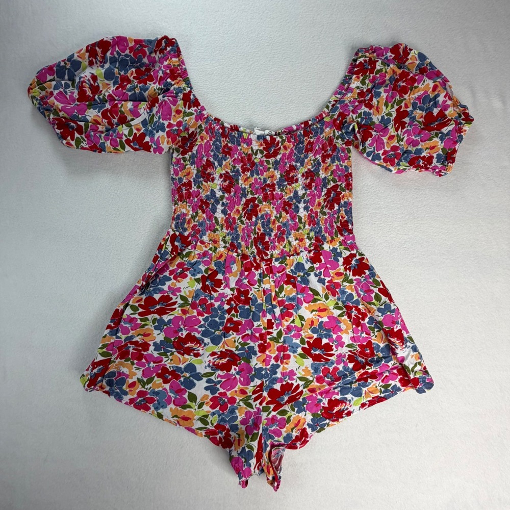 Roxy Womens Floral Smocked Puff Off Shoulder Sleeve Romper Pink Size Large
